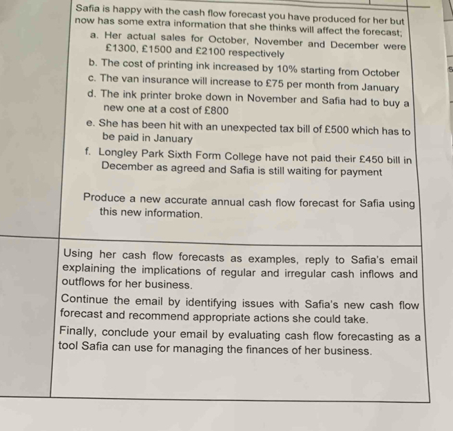 Safia is happy with the cash flow forecast you have produced for her but 
now has some extra information that she thinks will affect the forecast; 
a. Her actual sales for October, November and December were
£1300, £1500 and £2100 respectively 
b. The cost of printing ink increased by 10% starting from October s 
c. The van insurance will increase to £75 per month from January 
d. The ink printer broke down in November and Safia had to buy a 
new one at a cost of £800
e. She has been hit with an unexpected tax bill of £500 which has to 
be paid in January 
f. Longley Park Sixth Form College have not paid their £450 bill in 
December as agreed and Safia is still waiting for payment 
Produce a new accurate annual cash flow forecast for Safia using 
this new information. 
Using her cash flow forecasts as examples, reply to Safia's email 
explaining the implications of regular and irregular cash inflows and 
outflows for her business. 
Continue the email by identifying issues with Safia's new cash flow 
forecast and recommend appropriate actions she could take. 
Finally, conclude your email by evaluating cash flow forecasting as a 
tool Safia can use for managing the finances of her business.