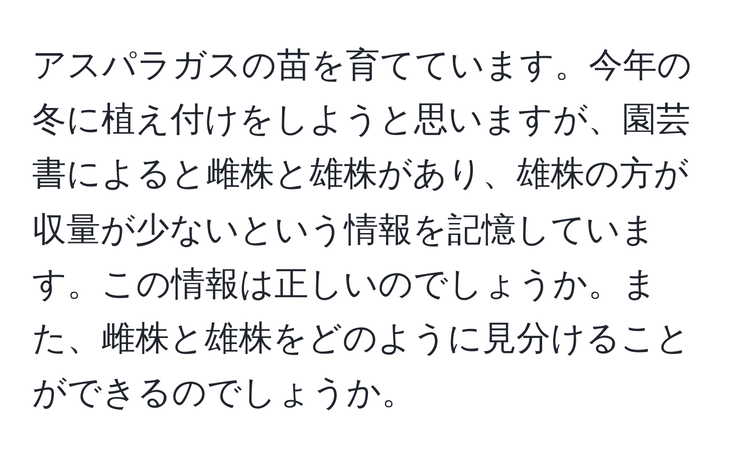 アスパラガスの苗を育てています。今年の冬に植え付けをしようと思いますが、園芸書によると雌株と雄株があり、雄株の方が収量が少ないという情報を記憶しています。この情報は正しいのでしょうか。また、雌株と雄株をどのように見分けることができるのでしょうか。