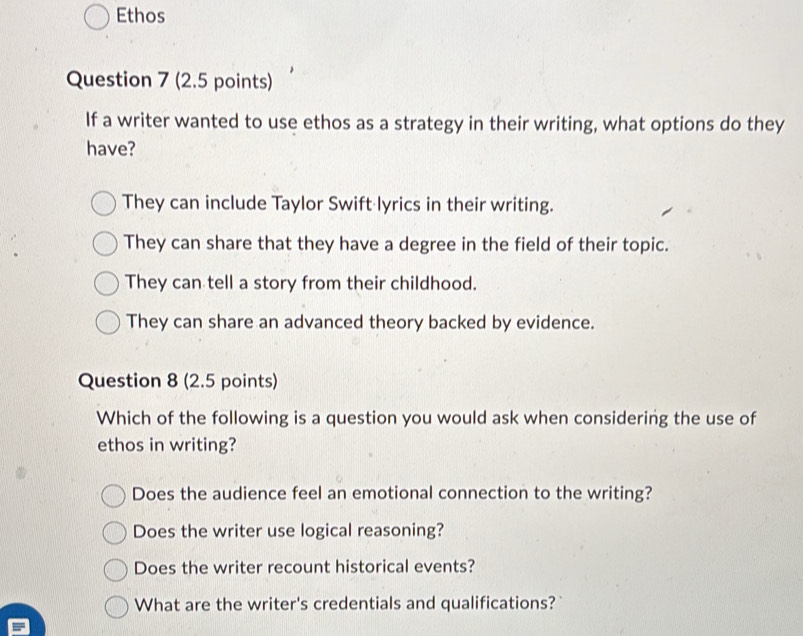 Solved: Ethos Question 7 (2.5 points) If a writer wanted to use ethos ...
