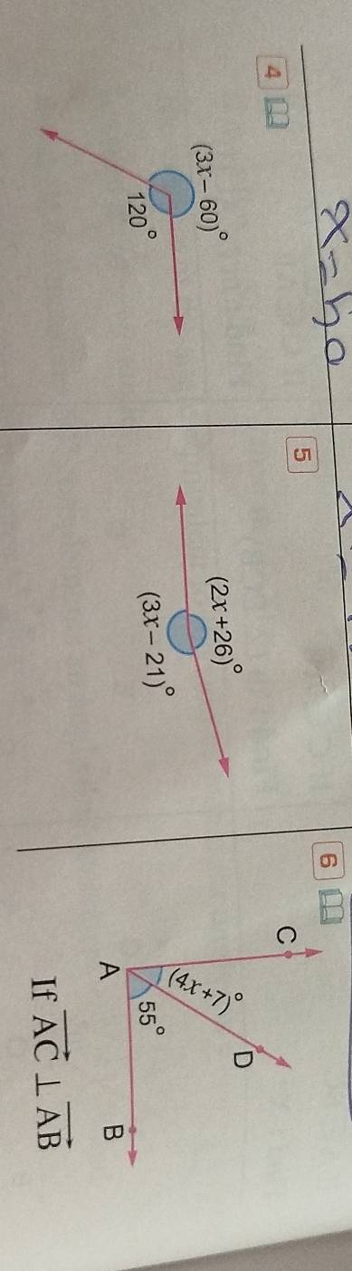 6
5
4
(2x+26)^circ 
(3x-21)^circ 
If vector AC⊥ vector AB