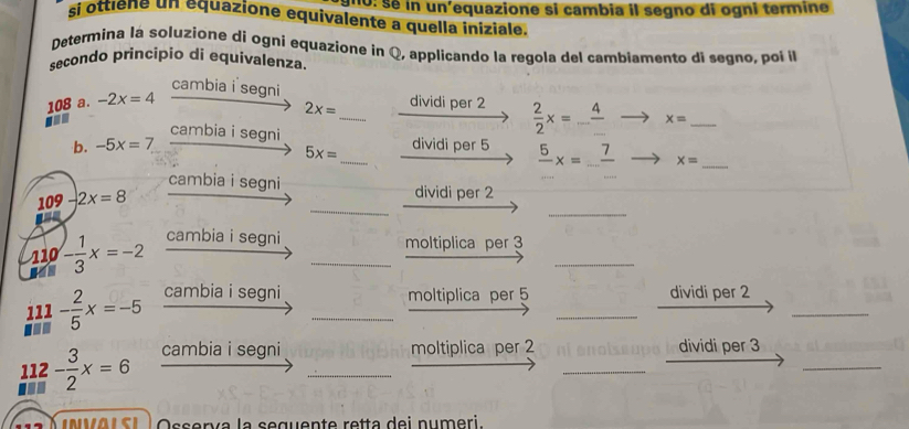 no: Sé in un'equazione si cambia il segno di ogni termine 
si ottlène un equazione equivalente a quella iniziale, 
Determina la soluzione di ogni equazione in Q, applicando la regola del cambiamento di segno, poi i 
secondo principio di equivalenza 
cambia i segni
2x=
108 a. -2x=4 _dividi per 2  2/2 x=_ frac 4 x= _ 
-.- 
cambia i segni 
b. -5x=7 dividi per 5
5x=
cambia i segni 
109 -2x=8 _ frac 5x=frac 7
_ x=
_ 
_ 
dividi per 2

110 - 1/3 x=-2 cambia i segni_ 
moltiplica per 3
_
 111/5 - 2/5 x=-5 cambia i segni _moltiplica per 5 _dividi per 2 _
 112/11 - 3/2 x=6 cambia i segni _moltiplica per _dividi per 3 _ 
Osserva la sequente retta dei numeri.