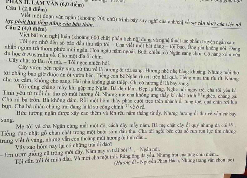 Phần II. LAM VăN (6,0 điểm) g : v r sao ?
Câu 1 (2,0 điểm)
Viết một đoạn văn ngắn (khoảng 200 chữ) trình bày suy nghĩ của anh/chị về sự cần thiết của việc nỗ
lực phát huy tiềm năng của bản thân.
Câu 2 (4,0 điểm)
Viết bài văn nghị luận (khoảng 600 chữ) phân tích nội dung và nghệ thuật tác phẩm truyện ngắn sau:
Tôi sực nhớ đến số báo đầu thu sắp tới - Cha viết một bài đăng - tôi bảo. Ông già không nói. Đang
nhấp ngụm trà thơm phức mùi ngâu. Hoa ngâu năm ngoái. Buổi chiều, cô Ngân sang chơi. Cô hàng xóm vừa
du học ở Australia về. Cho một đĩa ổi chín.
- Cây chặt từ lâu rồi mà. - Tôi ngạc nhiên hỏi.
Cây vườn bên ngày xưa, cứ thu về là hương ổi tỏa sang. Hương nhè nhẹ bâng khuâng. Nhưng tuổi thơ
tôi chăng bao giờ được ăn ổi vườn bên. Tiếng con bé Ngân ríu rít trèo hái quả. Tiếng mùa thu ríu rít. Nhưng
cha tôi cầm, không cho sang. Hai nhà không giao thiệp. Chi có hương ối là bay sang.
Tôi cũng chẳng mấy khi gặp mẹ Ngân. Bà đẹp lắm. Đẹp lạ lùng. Nghe nói ngày trẻ, cha tôi yêu bà.
Tình yêu từ tuổi ấu thơ có mùi hương ối. Nhưng mẹ cha không ưng thầy kí nhật trình '''nghèo, chẳng gả.
Cha rủ bà trốn. Bà không dám. Rồi một hôm thấy pháo cưới treo trên nhành ồi tung toé, quả chín rơi lụp
bụp. Cha bà nhận chàng trai đang là kĩ sư công chính ²) về ở rề.
Bức tường ngăn được xây cao thêm và lên rêu năm tháng từ ấy. Nhưng hương ổi thu về vẫn cứ bay
sang.
Mẹ tôi và cha Ngân cùng mất một độ, cách đây mấy năm. Bà mẹ chặt cây ổi quý nhưng đã cỗi B 
Tiếng dao chặt gỗ chan chát trong một buổi sớm đầu thu. Cha tôi ngồi bên cửa sổ run run lục tìm những
trang viết ố vàng, nhưng vẫn còn thoảng mùi hương ổi tình đầu...
Vậy sao hôm nay lại có những trái ồi đào?
- Em ươm giống cũ trồng mới đẩy. Năm nay ra trái bói  , - Ngân nói.
Tôi cắn trái ối mùa đầu. Và mời cha một trái. Răng ông đã yếu. Nhưng trái của ông chín mềm...
(Hương ổi - Nguyễn Phan Hách, Những trang văn chọn lọc)