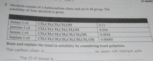 Alcohols consist of a hydrocarbon chain and an O-H group. The
solubility of four alcohols is given.
and explain the trend in solubility by considering bond polarities.
The carbon chain is
_so does not interact with 
_The O-H bond is_