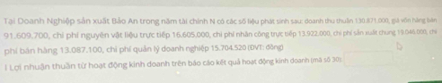 Tại Doanh Nghiệp sản xuất Bảo An trong năm tài chính N có các số liệu phát sinh sau: doanh thu thuân 130.871.000, giả vôn hàng bản
91.609.700, chỉ phí nguyên vật liệu trực tiếp 16.605.000, chỉ phí nhân công trực tiếp 13.922.000, chỉ phí sản xuất chung 19.046.000, chỉ 
phí bản hàng 13.087.100, chỉ phí quản lý doanh nghiệp 15.704.520 (ĐVT: đồng) 
1 Lợi nhuận thuần từ hoạt động kinh doanh trên báo cáo kết quả hoạt động kinh doanh (mã số 30):