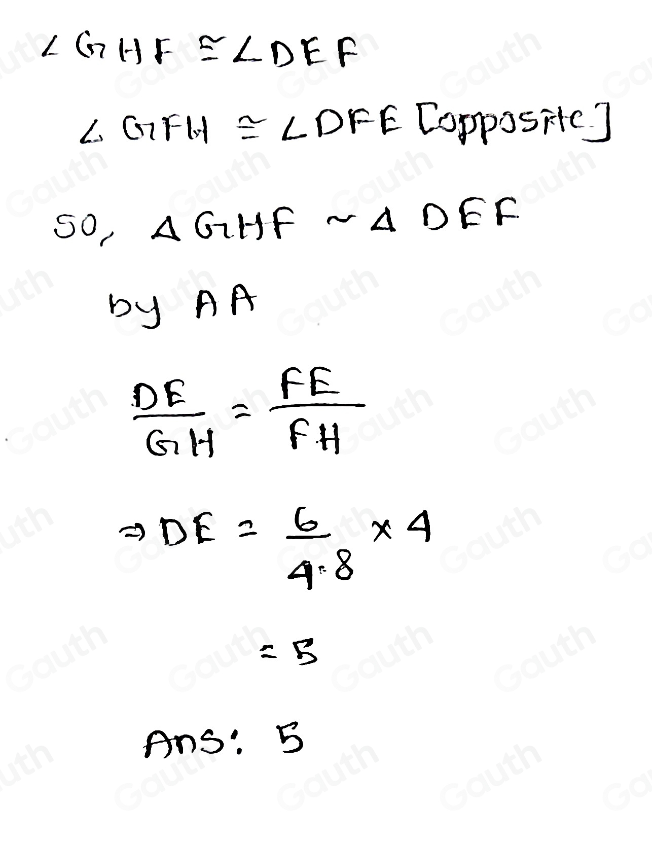 Solved: In the diagram below, ∠ GHF≌ ∠ DEF. If GH=4, FE=6, DF=4 , and ...