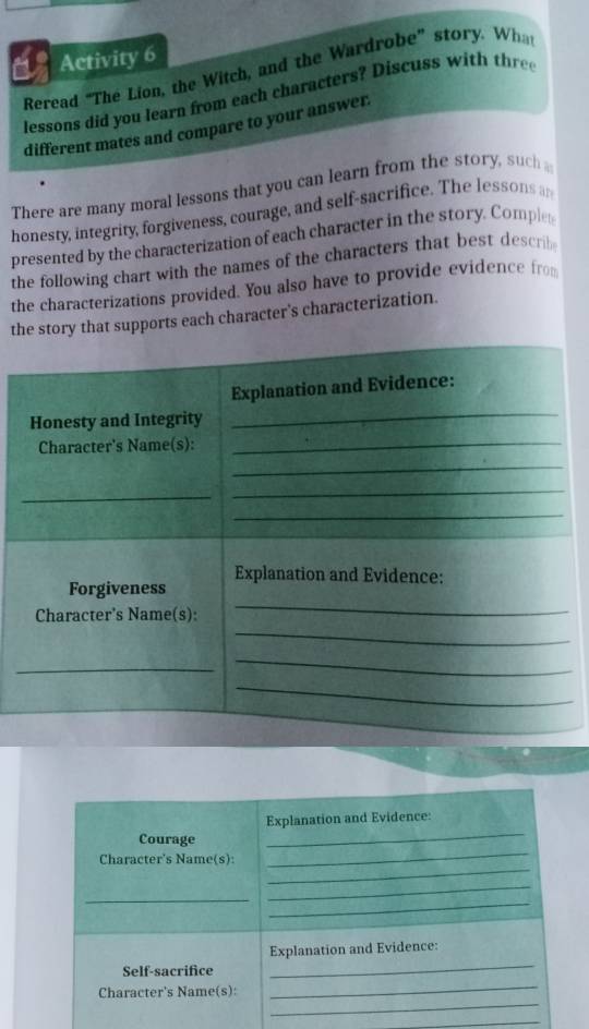 Activity 6 
Reread “The Lion, the Witch, and the Wardrobe” story. What 
lessons did you learn from each characters? Discuss with thre 
different mates and compare to your answer. 
There are many moral lessons that you can learn from the story, suc 
honesty, integrity, forgiveness, courage, and self-sacrifice. The lessons a 
presented by the characterization of each character in the story. Comple 
the following chart with the names of the characters that best describ 
the characterizations provided. You also have to provide evidence from 
the story that supports each character's characterization. 
_