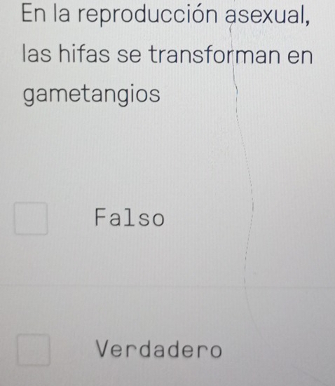 En la reproducción asexual,
las hifas se transforman en
gametangios
Falso
Verdadero