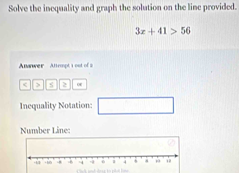 Solve the inequality and graph the solution on the line provided.
3x+41>56
Answer Attempt 1 out of 2 
< > S 2 or 
Inequality Notation: x_1+x_2= □ /□  
□ 
Number Line: 
Click and drag to plot line.