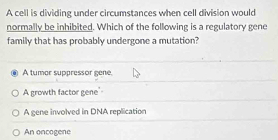 A cell is dividing under circumstances when cell division would
normally be inhibited. Which of the following is a regulatory gene
family that has probably undergone a mutation?
A tumor suppressor gene.
A growth factor gene
A gene involved in DNA replication
An oncogene