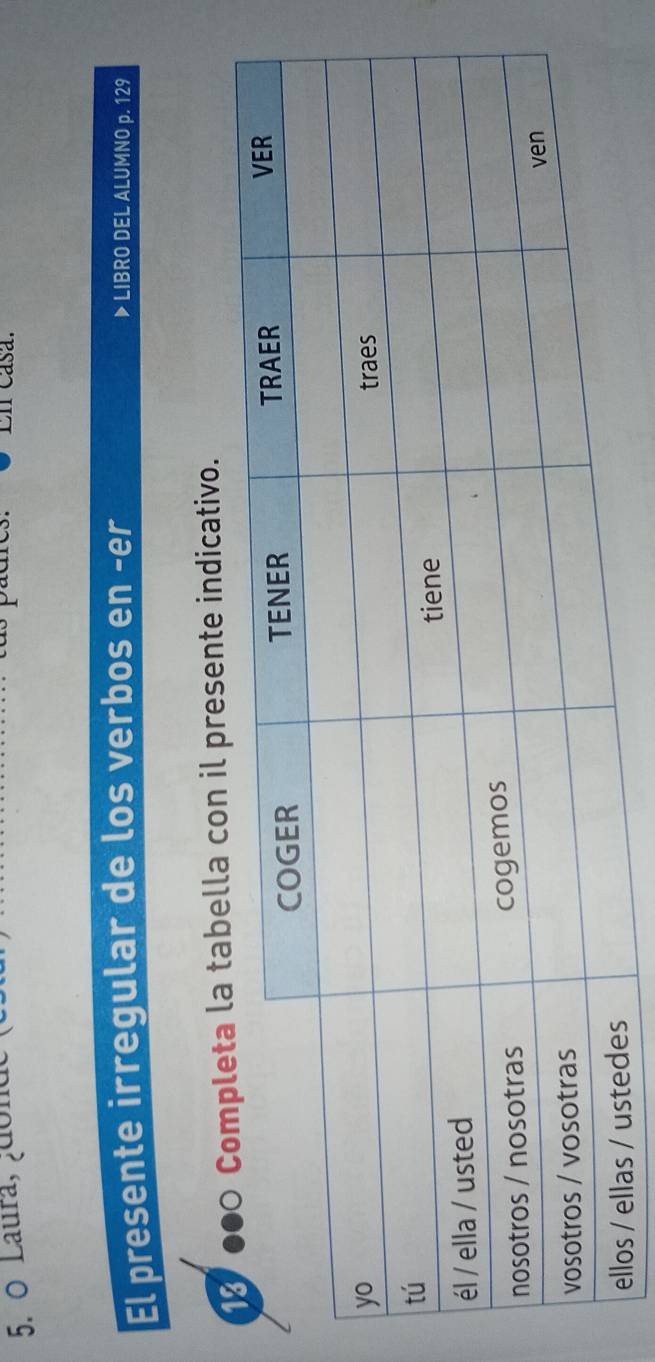 Laura, ¿donde En casa. 
El presente irregular de los verbos en -er ▶ LIBRO DEL ALUMNO p. 129
a tabella con il presente indicativo.