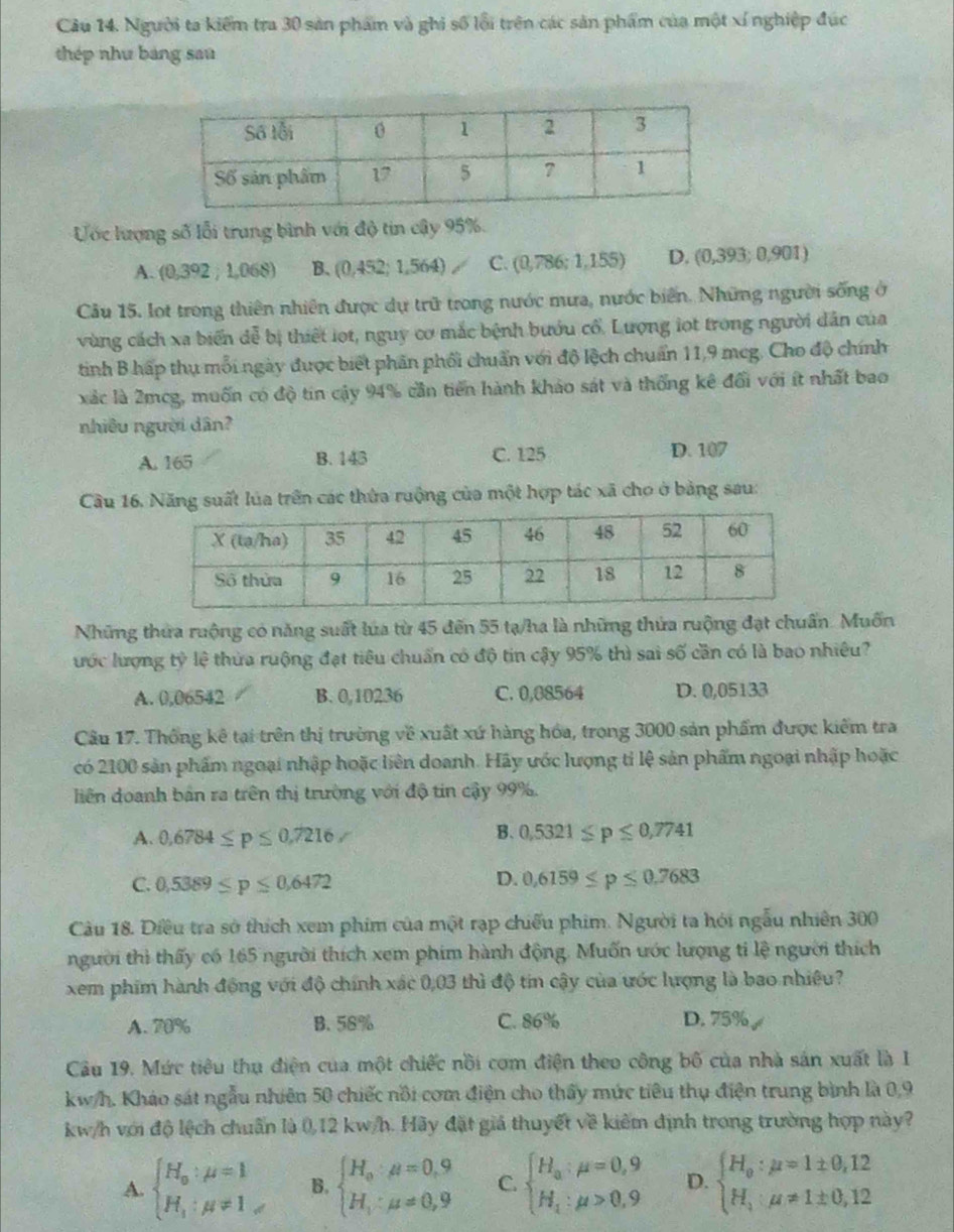 Người ta kiểm tra 30 sản phẩm và ghi số lỗi trên các sản phẩm của một xí nghiệp đúc
thép như bảng sau
Ước lượng số lỗi trung bình với độ tin cây 95%.
A. (0,392 ; 1,068) B. (0,452; 1,564) C. (0,786; 1,155) D. (0,393; 0,901)
Câu 15. lot trong thiên nhiên được dự trữ trong nước mưa, nước biển. Những người sống ở
vùng cách xa biến dễ bị thiết lot, nguy cơ mắc bệnh bướu cổ. Lượng lọt trong người dân của
tinh B hấp thụ mỗi ngày được biết phần phối chuẩn với độ lệch chuẩn 11,9 meg. Cho độ chính
xác là 2mcg, muốn có độ tin cậy 94% cần tiên hành khảo sát và thống kê đổi với ít nhất bao
nhiêu người dân?
A. 165 B. 143 C. 125 D. 107
Câu 16. Năng suất lủa trên các thừa ruộng của một hợp tác xã cho ở bảng sau:
Những thửa ruộng có năng suất lửa từ 45 đến 55 tạ/ha là những thửa ruộng đạt chuẩn. Muốn
ước lượng tỷ lệ thừa ruộng đạt tiêu chuẩn có độ tin cậy 95% thì sai số cần có là bao nhiêu?
A. 0,06542 B. 0,10236 C. 0,08564 D. 0,05133
Câu 17. Thông kê tại trên thị trường về xuất xứ hàng hóa, trong 3000 sản phẩm được kiểm tra
có 2100 sản phẩm ngoại nhập hoặc liên doanh. Hãy ước lượng tỉ lệ sản phẩm ngoại nhập hoặc
liên doanh bản ra trên thị trường với độ tin cậy 99%.
B.
A. 0,6784≤ p≤ 0,7216, 0,5321≤ p≤ 0,7741
C. 0,5389≤ p≤ 0,6472 D. 0.6159≤ p≤ 0.7683
Câu 18. Diều tra sở thích xem phim của một rạp chiếu phim. Người ta hỏi ngẫu nhiên 300
người thì thấy có 165 người thích xem phim hành động. Muốn ước lượng ti lệ người thích
xem phim hành động với độ chính xác 0,03 thì độ tin cậy của ước lượng là bao nhiệu?
A. 70% B. 58% C. 86% D. 75%,
Câu 19. Mức tiêu thu điện của một chiếc nồi com điện theo công bố của nhà sản xuất là 1
kw/h. Kháo sát ngẫu nhiên 50 chiếc nồi cơm điện cho thấy mức tiêu thụ điện trung bình là 0,9
kw/h với độ lệch chuẩn là 0,12 kw/h. Hãy đặt giá thuyết về kiểm định trong trường hợp này?
A. beginarrayl H_0:mu =1 H_1:mu != 1endarray. B. beginarrayl H_0:mu =0,9 H_1:mu =0,9endarray. C. beginarrayl H_a:mu =0,9 H_1:mu >0,9endarray. D. beginarrayl H_0:mu =1± 0,12 H_1:mu != 1± 0,12endarray.