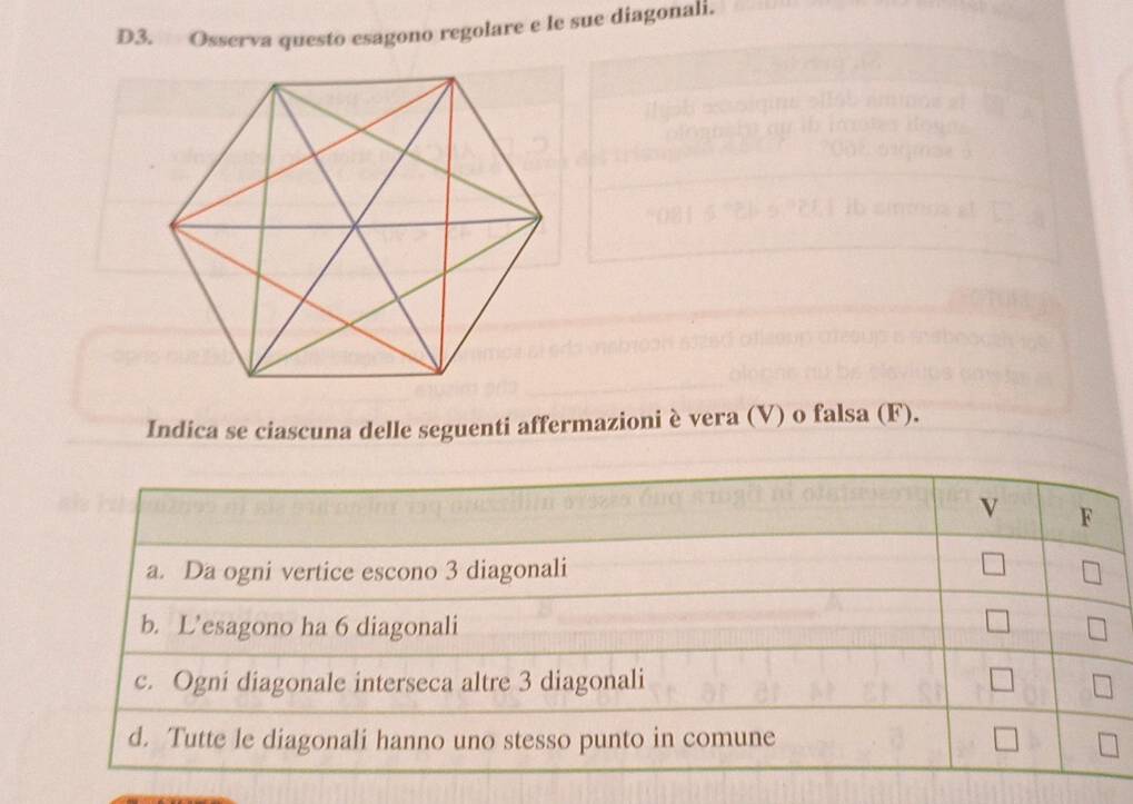 D3. Osserva questo esagono regolare e le sue diagonali. 
Indica se ciascuna delle seguenti affermazioni è vera (V) o falsa (F).