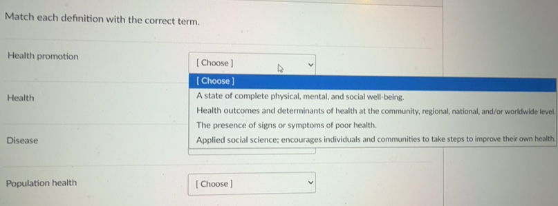 Gelöst:Match each defnition with the correct term. Health promotion ...