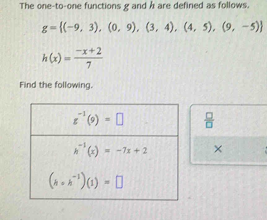 The one-to-one functions g and h are defined as follows.
g= (-9,3),(0,9),(3,4),(4,5),(9,-5)
h(x)= (-x+2)/7 
Find the following.
 □ /□  
×