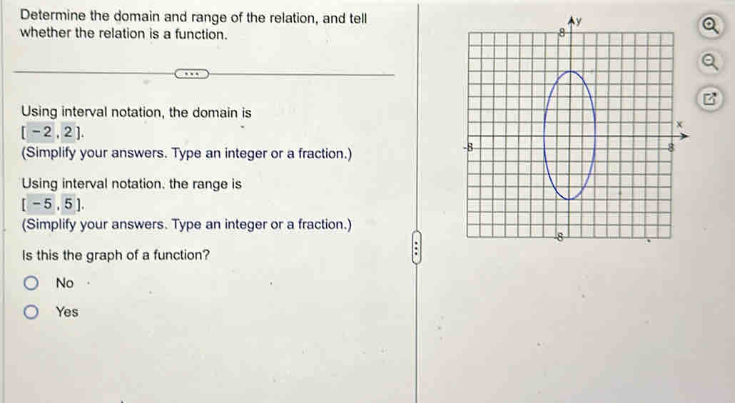 Determine the domain and range of the relation, and tell
whether the relation is a function. 
Using interval notation, the domain is
[-2,2]. 
(Simplify your answers. Type an integer or a fraction.)
Using interval notation. the range is
[-5,5]. 
(Simplify your answers. Type an integer or a fraction.)
Is this the graph of a function?
No
Yes