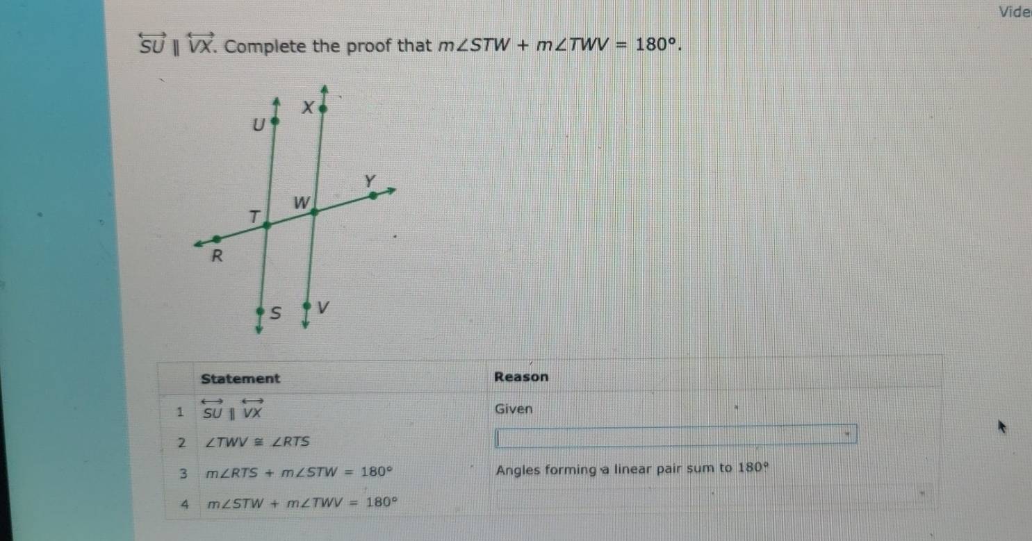 Vide
overleftrightarrow SU|| overleftrightarrow VX. Complete the proof that m∠ STW+m∠ TWV=180°. 
Statement Reason 
1 overleftrightarrow SUparallel overleftrightarrow VX Given 
2 ∠ TWV≌ ∠ RTS
3 m∠ RTS+m∠ STW=180° Angles forming a linear pair sum to 180°
4 m∠ STW+m∠ TWV=180°