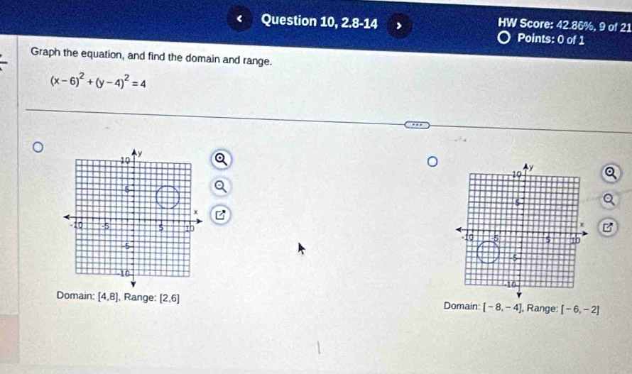 < Question 10, 2.8-14 > HW Score: 42.86%, 9 of 21
Points: 0 of 1
Graph the equation, and find the domain and range.
(x-6)^2+(y-4)^2=4

Domain: [4,8] , Range: [2,6] Domain [-8,-4] , Range: [-6,-2]