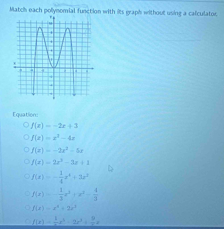 Match each polynomial function with its graph without using a calculator.
Equation:
f(x)=-2x+3
f(x)=x^2-4x
f(x)=-2x^2-5x
f(x)=2x^3-3x+1
f(x)=- 1/4 x^4+3x^2
f(x)=- 1/3 x^3+x^2- 4/3 
f(x)=x^4+2x^3
f(x)= 1/x x^5-2x^3+ 9/x x