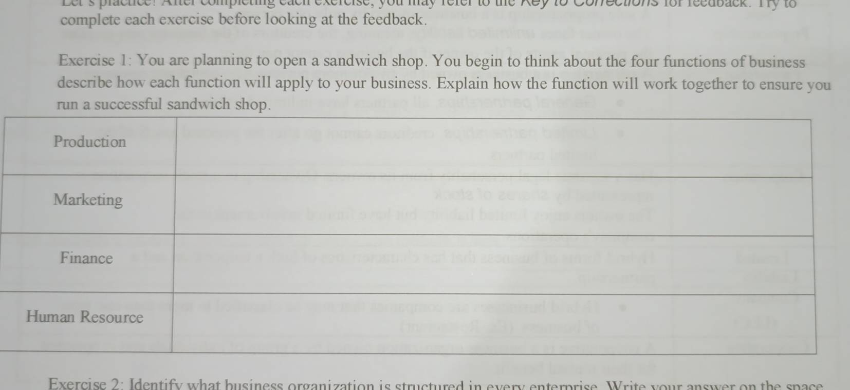 Let's plactice! After complcting each exercise, you may refer to the key to Conrections for reedback. Try to 
complete each exercise before looking at the feedback. 
Exercise 1: You are planning to open a sandwich shop. You begin to think about the four functions of business 
describe how each function will apply to your business. Explain how the function will work together to ensure you 
un a successful sandwich shop. 
Exercise 2: Identify what business organization is structured in every enterprise. Write your answer on the space