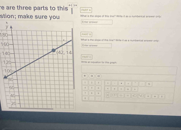 re are three parts to this ← PART A
stion; make sure you What is the slope of this line? Write it as a numberical answer only:
Enter answer
180ART B
hat is the slope of this line? Write it as a numberical answer only:
160Enter answer
140
PART C
1rite an equation for this graph:
← → α
1 2 3 + . + - : %
4 5 6 < s = z >
7 8 9
( ) √ "□ π " $
1'
0 .