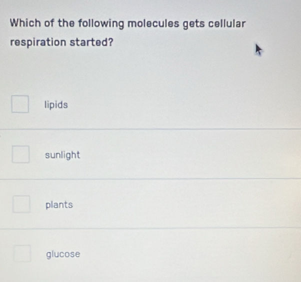 Which of the following molecules gets cellular
respiration started?
lipids
sunlight
plants
glucose