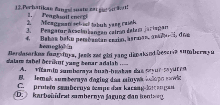 Perhatikan fungsi suatu zat gz berikut!
1. Penghasil energi
2. Mengganti sel-sel tubuh yang rusak
3. Pengatur keseimbangan cairan dalam jaringan
4. Bahan baku pembuatan enzim, hormon, antibodi, dan
hemoglobin
Berdasarkan fungsinya, jenis zat gizi yang dimaksud beserta sumbernya
dalam tabel berikut yang benar adalah …..
A. vitamin sumbernya buah-buahan dan sayur-sayuran
B. lemak sumbernya daging dan minyak kelapa sawit
C. protein sumbernya tempe dan kacang-kacangan
D. karbohidrat sumbernya jagung dan kentang