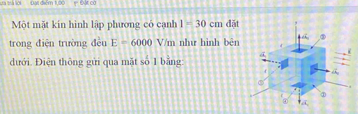 ura trả lời Đạt điểm 1,00 Đất cơ
Một mặt kín hình lập phương có cạnh 1=30cm đặt
trong điện trường đều E=6000V/m như hình bên
đưới. Điện thông gửi qua mặt số 1 bằng: