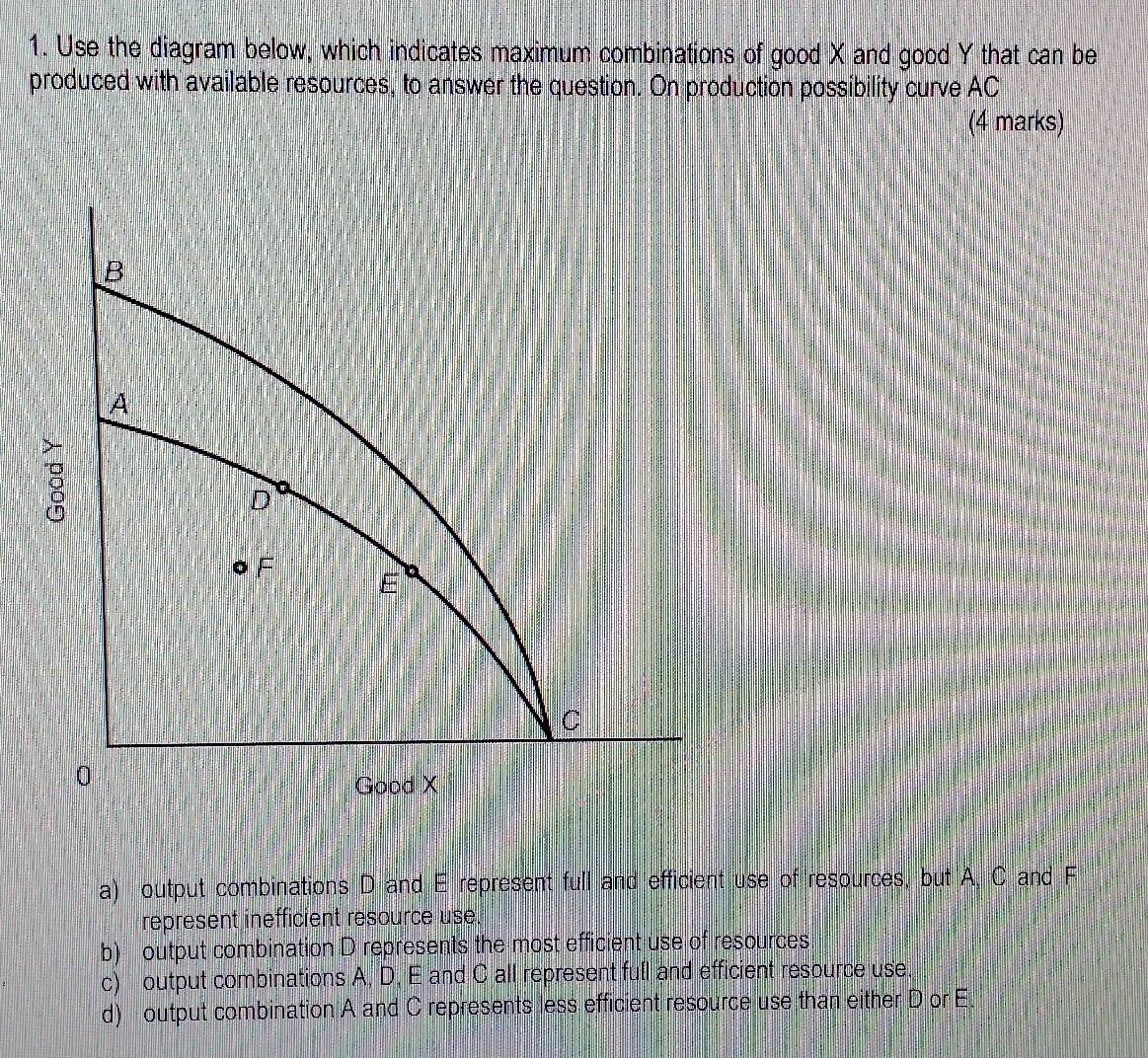 Use the diagram below, which indicates maximum combinations of good X and good Y that can be
produced with available resources, to answer the question. On production possibility curve AC
(4 marks)
B
A
3
D
。 F
E
C
0
Good X
a) output combinations D and E represent full and efficient use of resources, but A, C and F
répresent inefficient resource use.
b) output combination D represents the most efficient use of resources
c) output combinations A, D, E and C all represent full and efficient resource use.
d) output combination A and C represents less efficient resource use than either D or E.