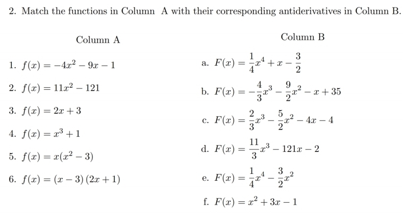 Match the functions in Column A with their corresponding antiderivatives in Column B.
1
2
3
4
5
6