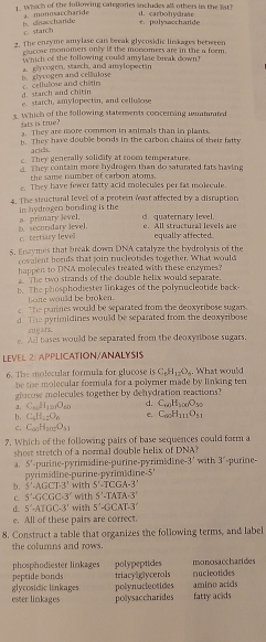 Which of the following categories includes all others in the Tat? d. carbohvdrete
a. monosaccharide
t. polysacchande
h.disaccharide c. starch
2. The enzyme amylase can beeak glycosidic linkages betwren
elucose monomers only if the morxmers are in the a ferm.
Which of the following could amylase break down?
h  glycoger and cellulose a. glycogen, vasch, and amylopectin
d. starch and chitin cellulow and chitin
e. starch, amylopectin, and celluäo
s. Which of the following staterents conceming wuahmted
fats is true?
They are more comnmon in animals than in plants.
n. They have double bonds in the carbon chains of their fatty
aclds.
e. They generally solidify at room temperature.
d. They contain more hydroger than do saturated fats having
the same number of carbon atoms.
e. They have fewer fatty acid molecules per fas molecule.
4. The structunal levell of a protein last affected by a disruption
a primary level. in hydragen bording is the
d. quaternary level.
c. tertiary levell B. socoridary level. e. All structural levels are equally affected.
S. Enzymes that break down DNA catalyze the bydrolysis of the
covalent bords that join nucleotides together. What would
happen to DNA molecules treated with these enzymes?
The two strands of the double helix would separate.
b.  The phosphodiester linkages of the polynucleotide back
bone would be broken.
The parines would be separated from the deoxyribose sugars.
d. 1:12 py rimidines would be separated from the deoxyribose
sugars.
e. All bases would be separated from the deoxyribose sugars,
LEVEL 2: APPLICATION/ANALYSIS
6. The molecular formula for glucose is C_6H_12O_6 What would
be the molecular formula for a polymer made by linking ten
glucose molecules together by dehydration reactions?
a. C_10H_120O_60 d. C_(aH_100O_50
b. C_4H_12=O_6 e. C_60H_111O_51
C. C_60H_210O_51
7. Which of the following pairs of base sequences could form a
short stretch of a normal double helix of DNA?
a. S' prinepyrimidine-purine-pyrimidine- 3' with 3' purine-
pyrimädine-purine-pyrimédine-5"
S'-TCGA-3'
b. 5'-AGCT-3' with with S'-TATA-3'
c 5'-GCGC-3'
d. 5°-AIGC-3' with 5^1-GCAT-3^1
e. All of these pairs are correct.
8. Construct a table that organizes the following terms, and label
the columns and rows.
phosphodiester linkages polypeptides
peptide bonds triacylglycerols nucleotides monosaccharides
glyrosidic linkages fatty acids
ester linkages polysaccharides polynacleotides amino acids