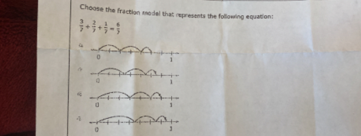 Choose the fraction model that represents the following equation:
 3/7 /  2/7 + 1/7 = 6/7 
6