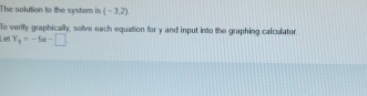 The solution to the system is (-3,2)
Let To verify graphically, solve each equation for y and input into the graphing calculator
Y_1=-5x-□
