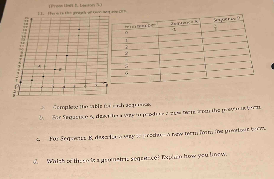 (From Unit 1, Lesson 3.)
ences.
a. Complete the table for each sequence.
b. For Sequence A, describe a way to produce a new term from the previous term.
c. For Sequence B, describe a way to produce a new term from the previous term.
d. Which of these is a geometric sequence? Explain how you know.