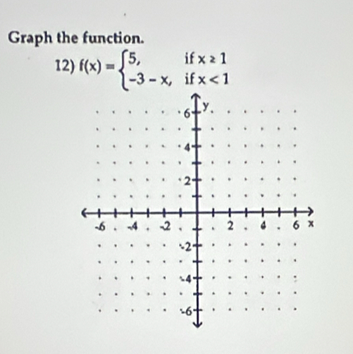 Graph the function. 
12) f(x)=beginarrayl 5,ifx≥ 1 -3-x,ifx<1endarray.