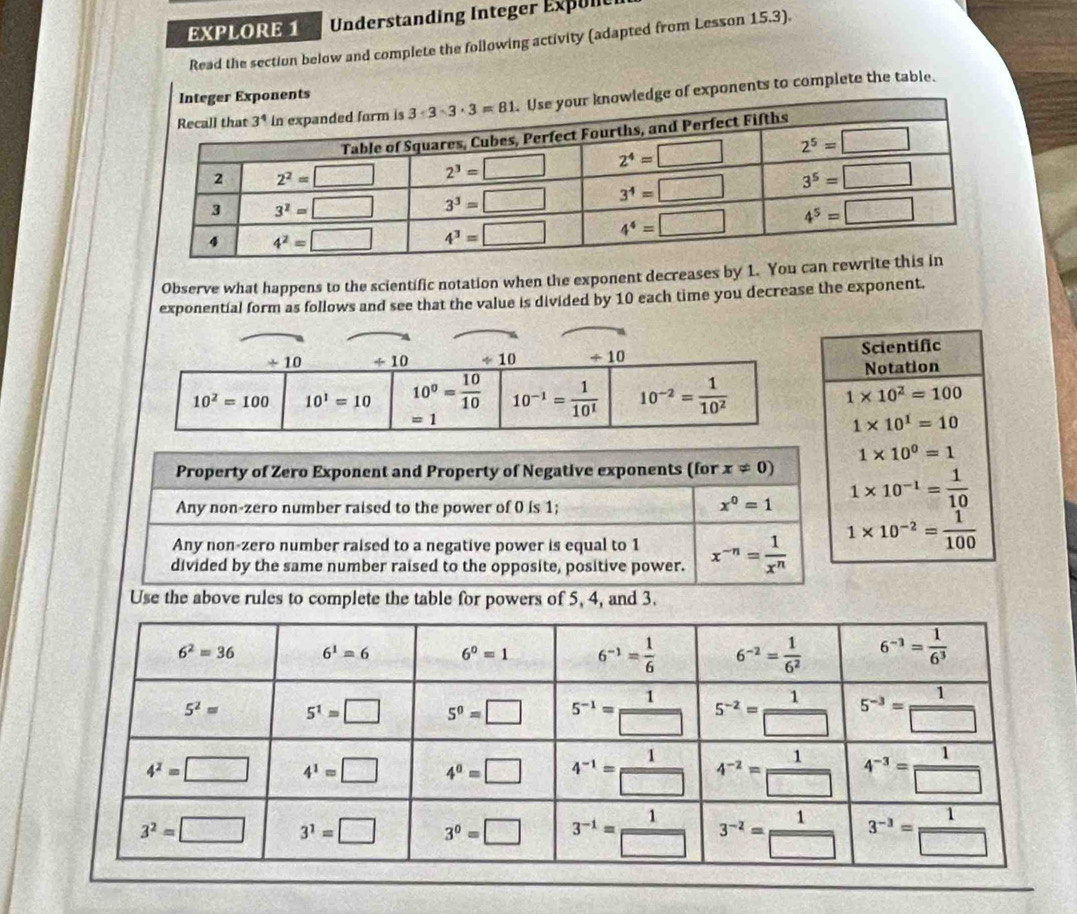 EXPLORE 1  Understanding Integer Expul
Read the section below and complete the following activity (adapted from Lesson 15.3).
of exponents to complete the table.
Observe what happens to the scientific notation when the exponent decreases by 1. You
exponential form as follows and see that the value is divided by 10 each time you decrease the exponent.
Scientific
Notation
1* 10^2=100
1* 10^1=10
1* 10^0=1
1* 10^(-1)= 1/10 
1* 10^(-2)= 1/100 
Use the above rules to complete the table for powers of 5, 4, and 3.