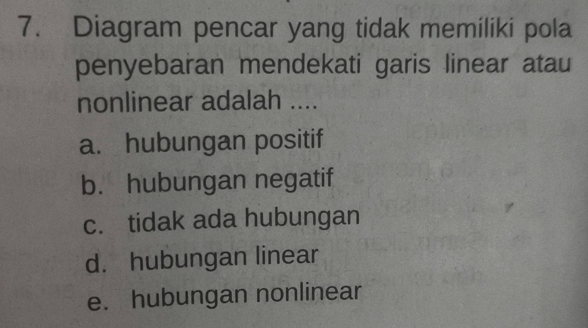 Diagram pencar yang tidak memiliki pola
penyebaran mendekati garis linear atau
nonlinear adalah ....
a. hubungan positif
b. hubungan negatif
c. tidak ada hubungan
d. hubungan linear
e. hubungan nonlinear