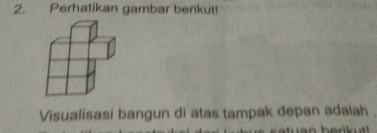 Perhatikan gambar berikut! 
Visualisasi bangun di atas tampak depan adalah