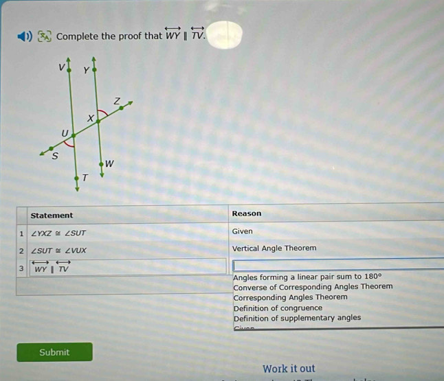 Complete the proof that overleftrightarrow WY||overleftrightarrow TV. 
Statement Reason
1 ∠ YXZ≌ ∠ SUT
Given
2 ∠ SUT≌ ∠ VUX Vertical Angle Theorem
3 overleftrightarrow WY|overleftrightarrow TV
Angles forming a linear pair sum to 180°
Converse of Corresponding Angles Theorem
Corresponding Angles Theorem
Definition of congruence
Definition of supplementary angles
Submit
Work it out