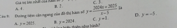 Giả trị lớn nhất của hăm số
A. 4. B. 2. C. 3.
Cầu 9: Đường tiệm cận ngang của đồ thị hàm số y= (2024x+2025)/x-5  là
A. y=2025. B. y=2024. C. y=1. D. y=-5. 
: iế thiên như hình?