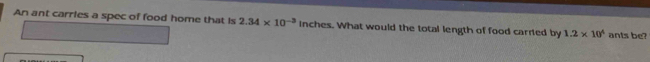 An ant carries a spec of food home that is 2.34* 10^(-3) inches. What would the total length of food carried by 1.2* 10^4 ants be?