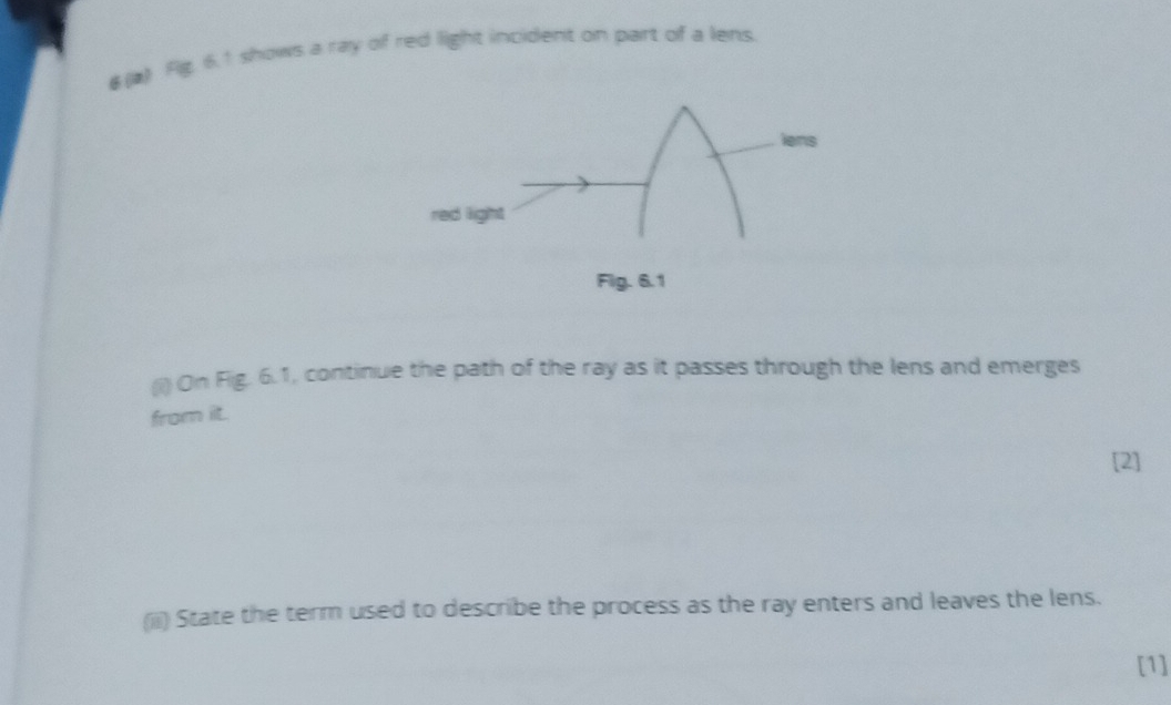 6(▲) Ag. 6.1 shows a ray of red light incident on part of a lens. 
iens 
red light 
Fig. 6.1 
(i) On Fig. 6.1, continue the path of the ray as it passes through the lens and emerges 
from it. 
[2] 
(iii) State the term used to describe the process as the ray enters and leaves the lens. 
[1]