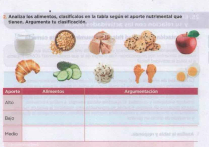 Analiza los alimentos, clasifícalos en la tabla según el aporte nutrimental que 
tienen. Argumenta tu clasificación.