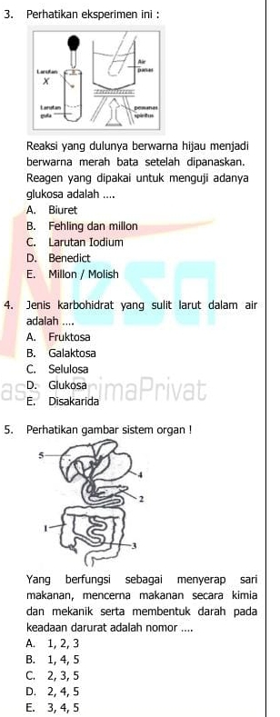 Perhatikan eksperimen ini :
Reaksi yanq dulunya berwarna hijau menjadi
berwarna merah bata setelah dipanaskan.
Reagen yang dipakai untuk menguji adanya
glukosa adalah ....
A. Biuret
B. Fehling dan millon
C. Larutan Iodium
D. Benedict
E. Millon / Molish
4. Jenis karbohidrat yang sulit larut dalam air
adalah ....
A. Fruktosa
B. Galaktosa
C. Selulosa
D. Glukosa
E. Disakarida imaPrivat
5. Perhatikan gambar sistem organ !
Yang berfungsi sebagai menyerap sari
makanan, mencerna makanan secara kimia
dan mekanik serta membentuk darah pada
keadaan darurat adalah nomor ....
A. 1, 2, 3
B. 1, 4, 5
C. 2, 3, 5
D. 2, 4, 5
E. 3, 4, 5