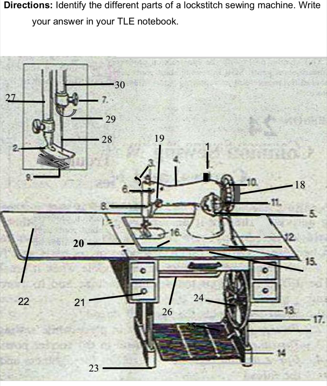 Directions: Identify the different parts of a lockstitch sewing machine. Write 
your answer in your TLE notebook. 
2 
. 
. 
17.