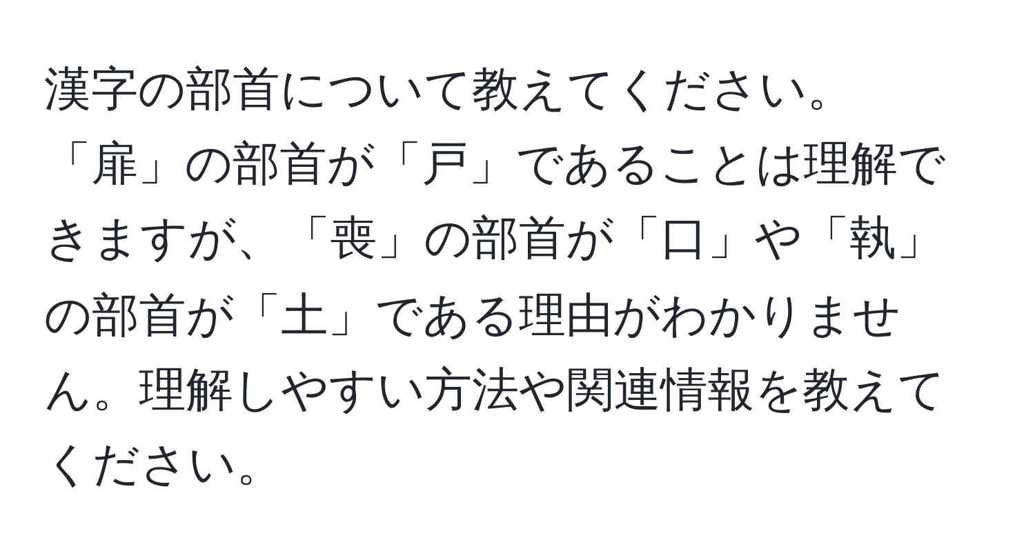 漢字の部首について教えてください。「扉」の部首が「戸」であることは理解できますが、「喪」の部首が「口」や「執」の部首が「土」である理由がわかりません。理解しやすい方法や関連情報を教えてください。