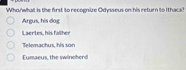 Who/what is the first to recognize Odysseus on his return to Ithaca?
Argus, his dog
Laertes, his father
Telemachus, his son
Eumaeus, the swineherd