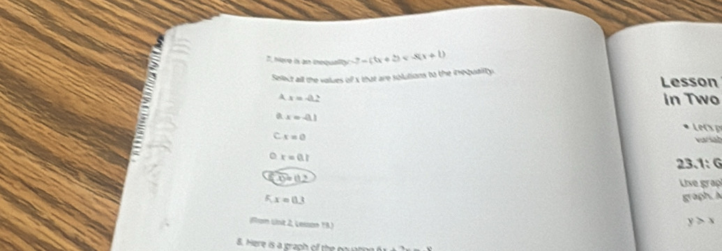 5
7. Mre is an mequalty 2-(tx+2)
Select all the values off x that are solutions to the ite quality.
Lesson
A x=-0.2
in Two
a x=-0.1
Lecsp
c x=0
Maral
0 x=0.1
23.1: G
overline x=(1,2
Use grap
5.x=0.3
graph. A
(Ron Lnt 2 Lesson 13)
y>x
8. Here is a graph of the pountng