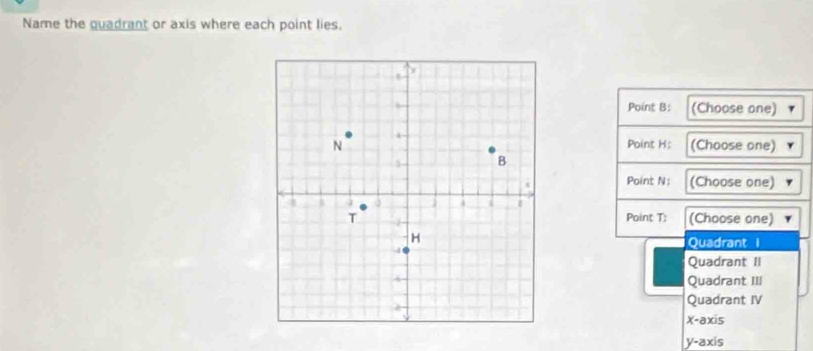 Name the guadrant or axis where each point lies.
Point B : (Choose one)
Point H : (Choose one)
Point N; (Choose one)
Point T : (Choose one)
Quadrant I
Quadrant II
Quadrant III
Quadrant IV
X-axis
y-axis