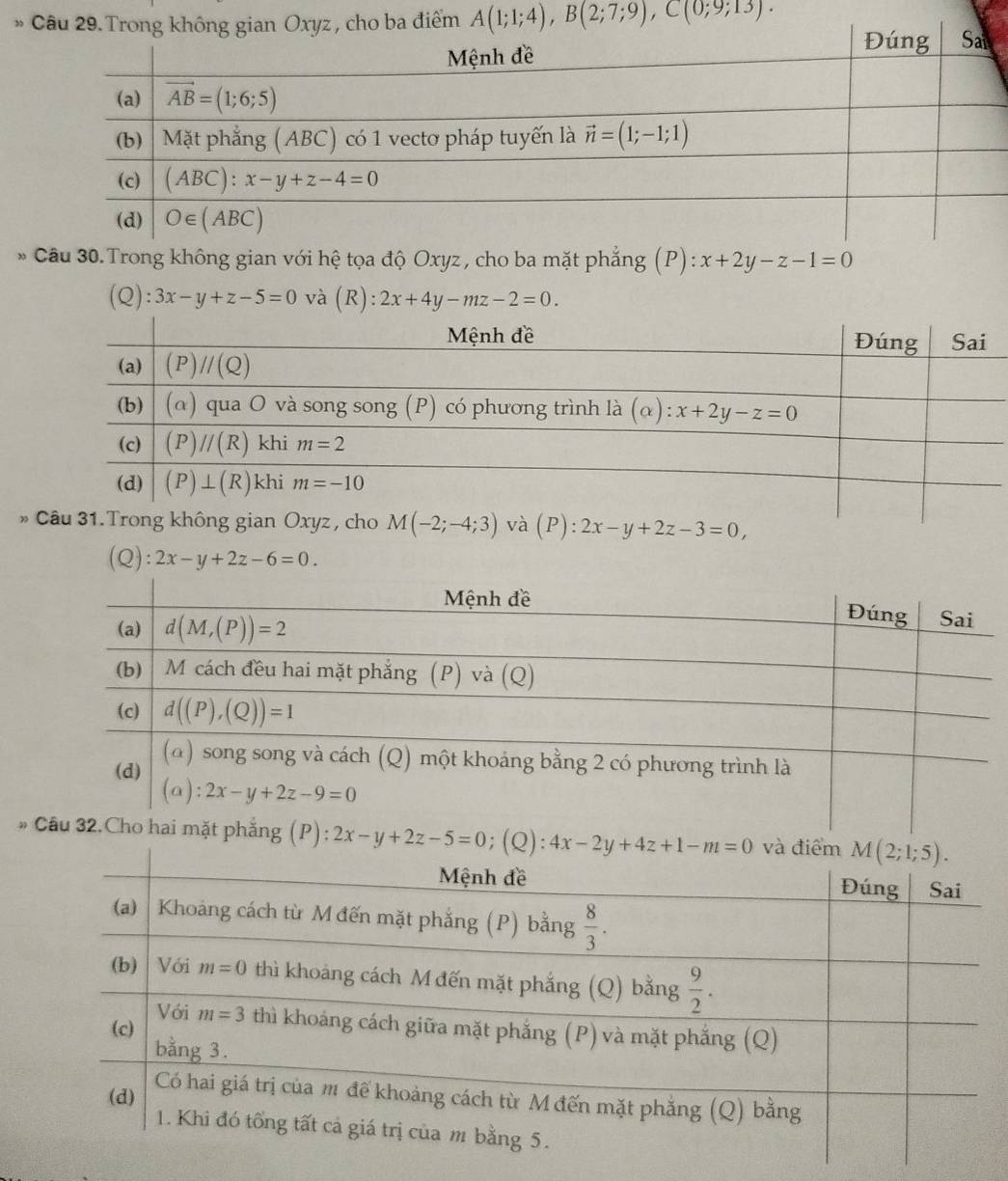 A(1;1;4),B(2;7;9),C(0;9;13).
Câu 30.Trong không gian với hệ tọa độ Oxyz , cho ba mặt phẳng (P): x+2y-z-1=0
C 2): 3x-y+z-5=0 và (R):2x+4y-mz-2=0.
* M(-2;-4;3) và (P):2x-y+2z-3=0,
(Q): 2x-y+2z-6=0.
# ng (P):2x-y+2z-5=0;(Q):4x-2y+4z+1-m=0