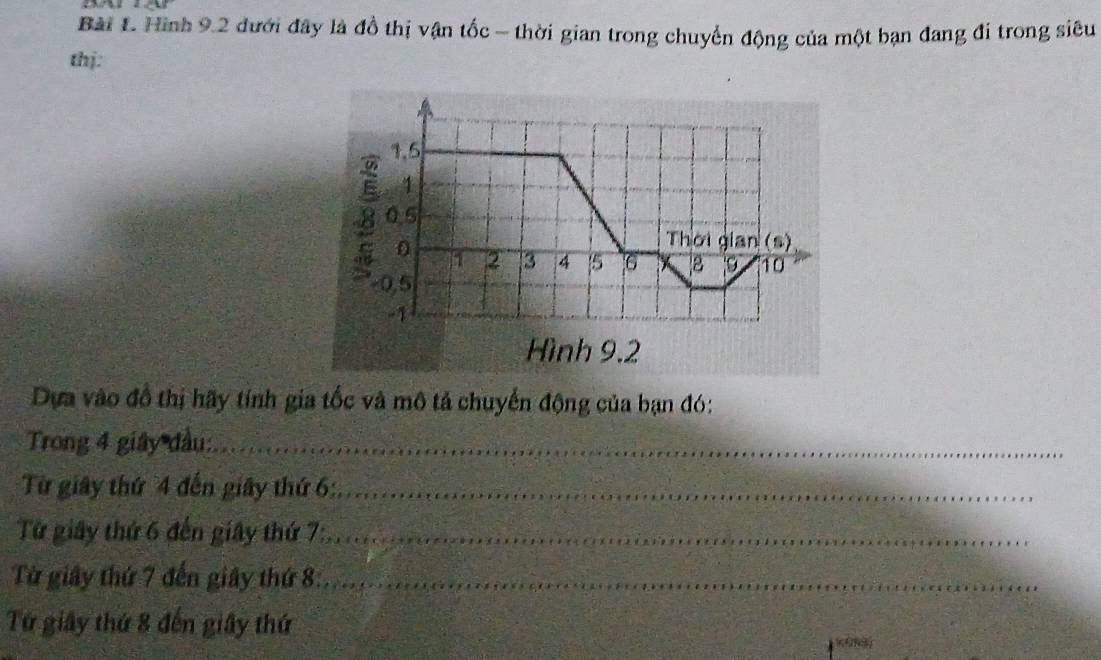 Hình 9.2 đưới đây là đồ thị vận tốc - thời gian trong chuyển động của một bạn đang đi trong siêu 
thị:
4.5
1
8 0.5
0
Thời gian (s)
2 3 4 5 6 8 9 10
-0,5
-1
Hình 9.2
Dựa vào đồ thị hãy tính gia tốc và mô tả chuyển động của bạn đó: 
Trong 4 giây đầu:_ 
Từ giây thứ 4 đến giây thứ 6 :_ 
Từ giây thứ 6 đến giây thứ 7 :_ 
Từ giây thứ 7 đến giây thứ 8:_ 
Tứ giây thứ 8 đến giây thứ